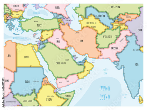 Political map of Middle East. Colorful hand-drawn cartoon style illustrated map with bathymetry. Handwritten labels of country  capital city  sea and ocean names. Simple flat vector map.