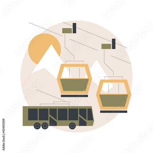 Cable transport abstract concept vector illustration. Cable ways, transport modes, ev electric car bus, old funicular, trolleybus, carrying tourists, ski slopes, close up cabine abstract metaphor.