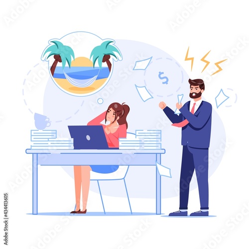 Vector cartoon flat boss manager,office worker characters at work conflict scene.Angry boss shout at bad employee,who dreams of vacation-procrastination,work productivity web site banner concept