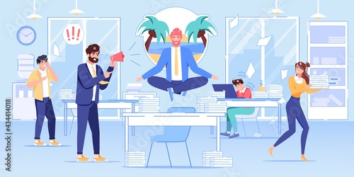 Vector cartoon flat boss manager,office worker characters at work conflict scene.Angry boss shouts in megaphone at scared employees-work relationships,stress situation,web site banner concept