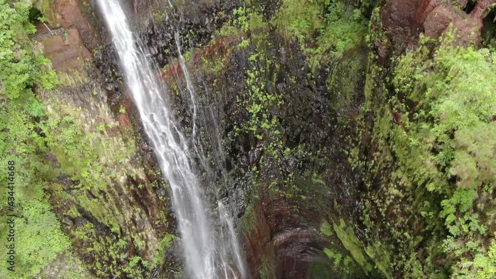 Aerial view of Risco waterfall in Rabacal, Paul da Serra, Madeira, Portugal Aerial view of Risco waterfall in Rabacal, Paul da Serra, Madeira, Portugal