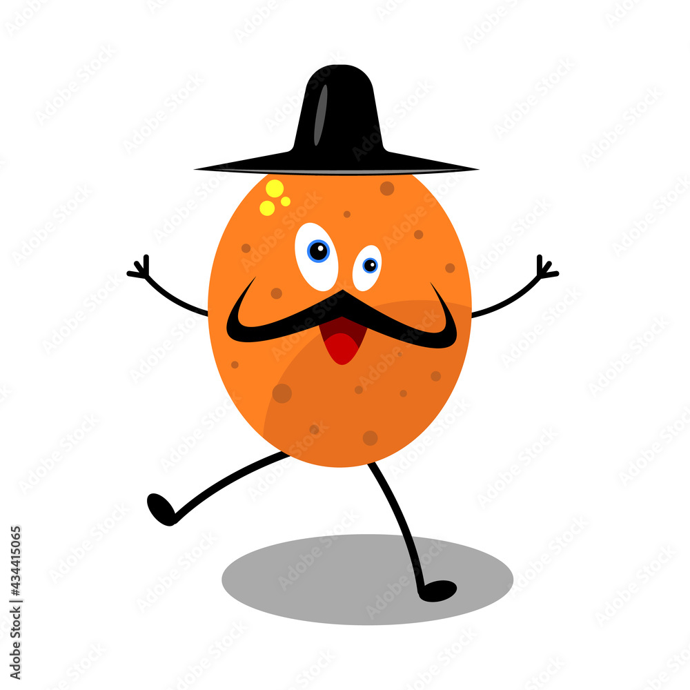 Cheerful cartoon orange orange character with black mustache and hat  fooling around on white background tropical fruit concept Stock Vector |  Adobe Stock