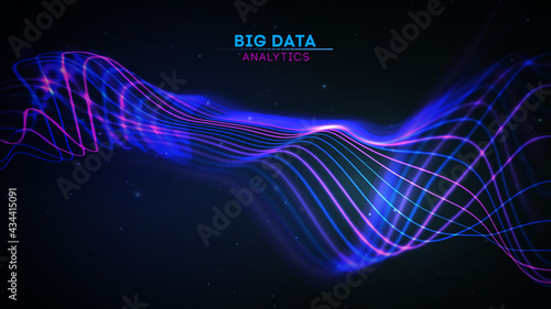 Big data wave on dark background. Futuristic cyber technology innovation backdrop. Communication network internet technology. Sound wave. Dynamic wave flow in blue color.