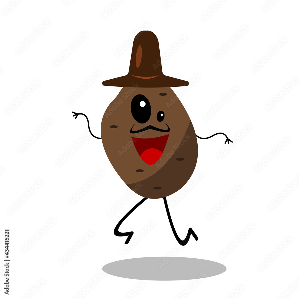 funny and crazy cartoon character potato with mustache and brown hat  laughing and jumping on white background Stock Vector | Adobe Stock