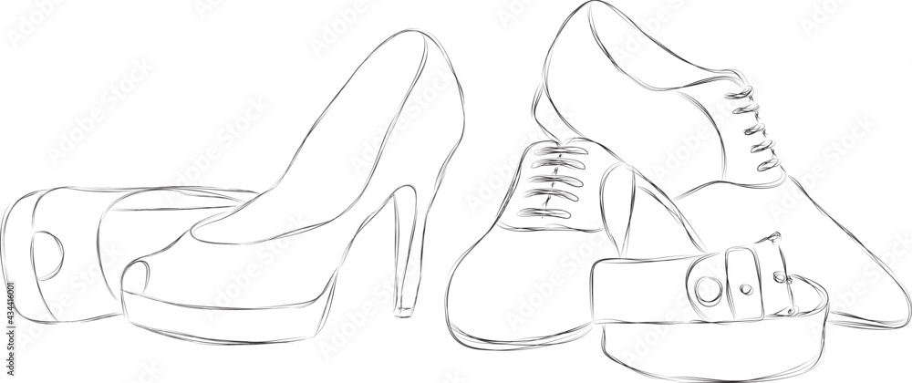Hand drawn pencil illustration of women's and men's wedding shoes - obrazy, fototapety, plakaty 