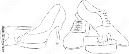 Hand drawn pencil illustration of women's and men's wedding shoes