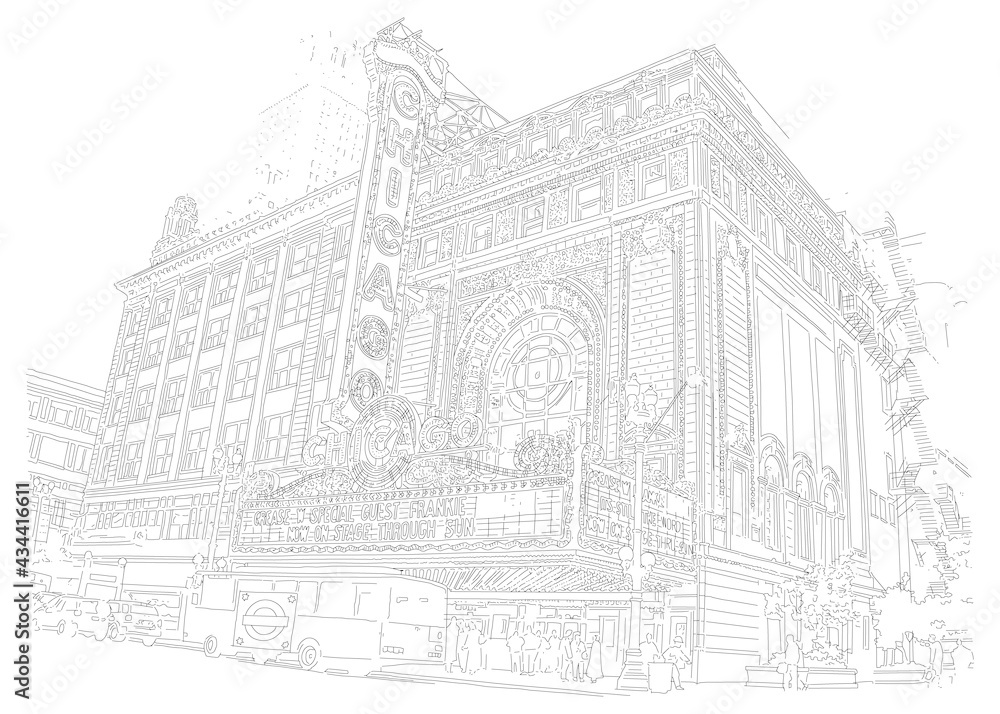 Hand sketched pen and ink drawing of Chicago Theater
