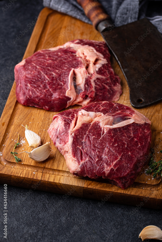 Raw uncooked rib eye steak