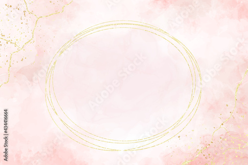 Pink liquid watercolor background with golden frame. Pastel rose marble alcohol ink drawing effect and gold foil dust. Vector illustration design for wedding invitation or greeting card