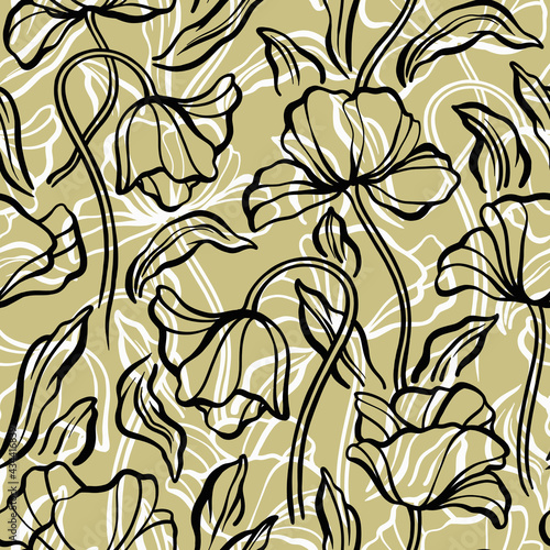 Illustration of graphic flowers and leaves. Seamless pattern for wallpaper and fabric design. 