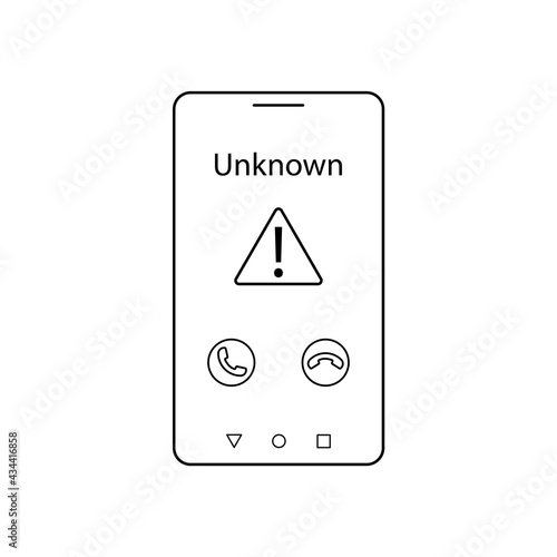 Unknown number. Vector outline illustration. Smartphone icon. Phone interface with two icons accept or reject a call.