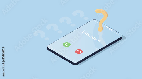 Unknown number. Isometric vector illustration. 3d model smartphone isolated on a blue background. Phone interface with two icons accept or reject a call.
