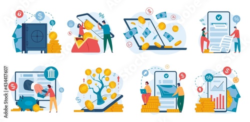 Online banking. Internet financial operations using smartphone. Digital bank deposit, phone payment, saving money, cashback, concept vector set. Money investment, having big income