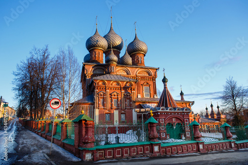 Famous ancient 17th century orthodox church of the Resurrection in Lower Debra street against blue sky. Beautiful springtime sunset panorama. Kostroma, Golden Ring, Russia