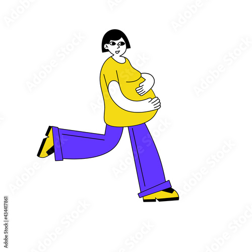 Pregnant woman hold her stomach. Modern character run with big belly. Pregnancy and motherhood. Flat cartoon illustration isolated on white