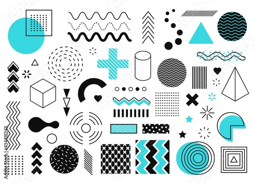 Memphis graphic elements. Abstract geometric shapes, line, circle, triangle, halftone element. Retro 90s graphic design geometry shape vector set. Bold, zigzag and dashed lines, figures
