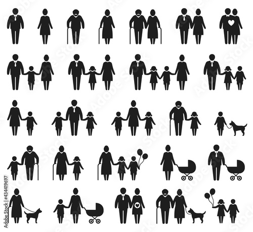Family icons. Man, pregnant woman, elderly people, single mother or father with newborn baby. Parents with children and pets vector set. Grandfather and grandmother with girl and boy