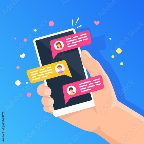 Phone with online chat. People chatting in smartphone messenger. Holding cellphone with chat bubbles, new text message notification vector concept. Woman and man communicating in application