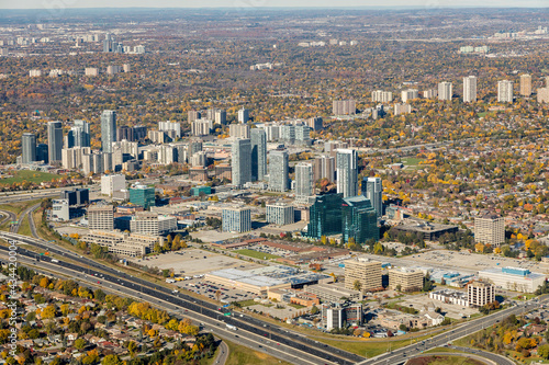 An aeial view at highways 401 and 404 showing Consumers Road commercial area.