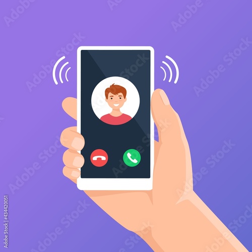 Incoming call on phone screen. Hand holding smartphone with call app interface on display. Accepting incoming call from friend vector concept. Window with hang buttons and man avatar
