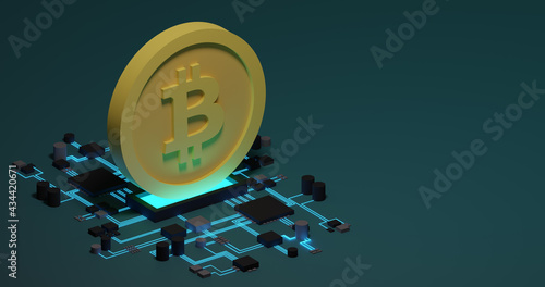 3D Isometric Bitcoin with chipset and background photo
