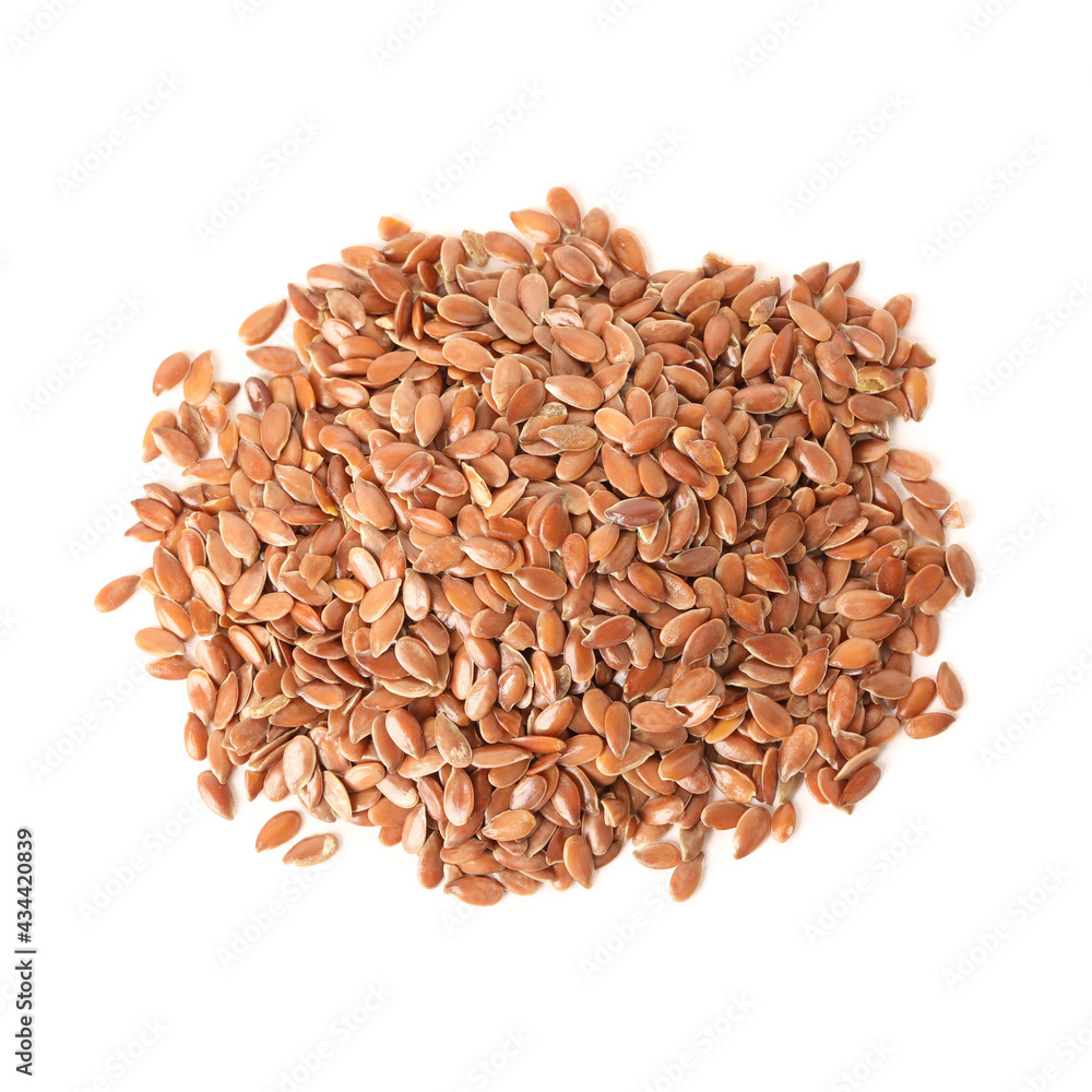 Pile of linseeds on white background, top view. Vegetable planting Pile of linseeds on white background, top view. Vegetable planting
