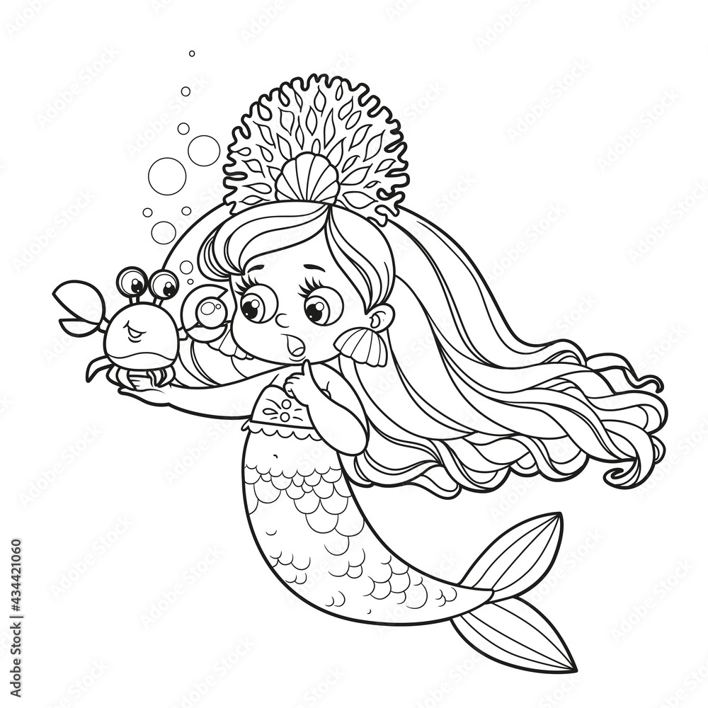 Cartoon crab showing a large pearl to cute little mermaid girl in coral ...