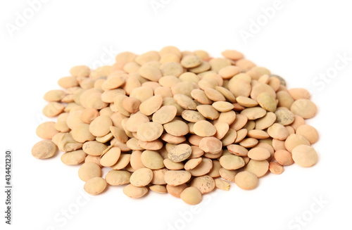 Pile of raw lentils on white background. Vegetable planting