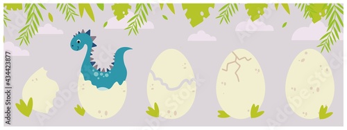 baby cards, posters with cute dinosaurs and egg, phased birth of a dinosaur with eggs, flat animals, stylized vector graphics photo