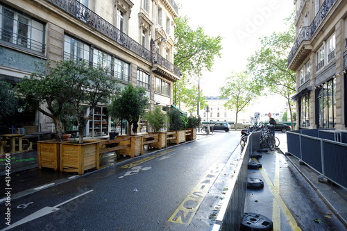 Fototapeta Naklejka Na Ścianę i Meble -  An empty terrace one day after the official reopening. The 18th May 2021, France.