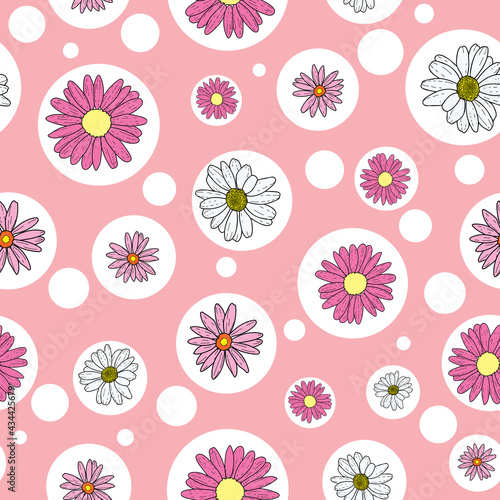 Vector peach pink background pink daisy flowers and wild flowers. Seamless pattern background