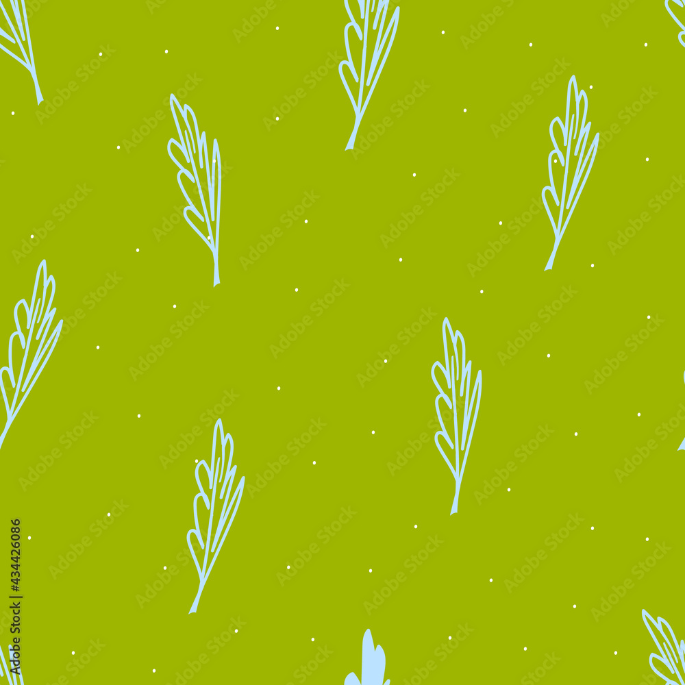 Vector seamless pattern with hand drawn sky blue leaves and dots on green background,simple spring illustration for bookend,wallpaper,abstract print for seasonal decoration and textile design Vector seamless pattern with hand drawn sky blue leaves and dots on green background,simple spring illustration for bookend,wallpaper,abstract print for seasonal decoration and textile design