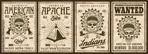 American native indians set of four vintage poster templates vector illustration with grunge textures