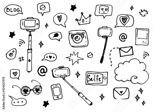 vector set of selfie sticks. Isolated social media elements hand-drawn in doodle style with a black line selfie sticks, messages, phone, photo pairs, stars, hearts, glasses on a white background for a