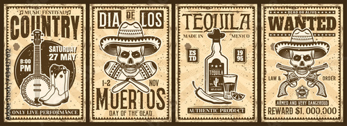 Mexico and wild west thematic set of four vector vintage posters with grunge textures