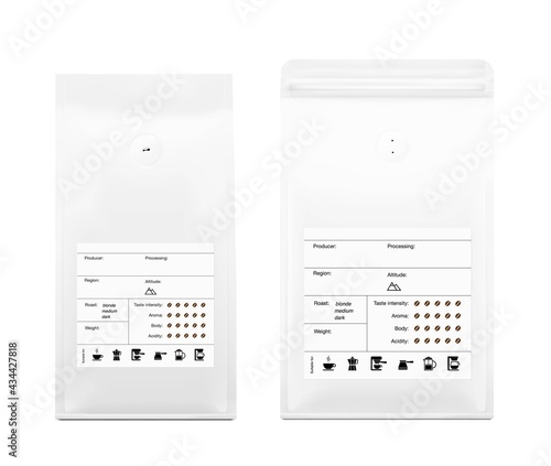 Realistic coffee bag mockup with label. Front and side view. The set helps to present coffee. Suitable brewing methods for your coffee blend. Can be used on packaging, advertising, promo, etc. EPS10.	