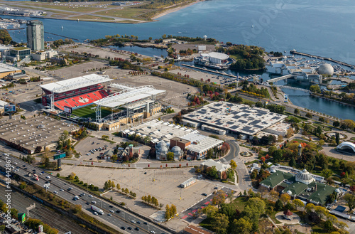 Aerial view of Exhibition Place and Ontario Place in Toronto.