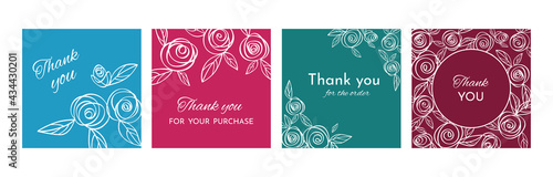 Thank you cards set. Stickers with the inscription Thank you for your purchase or Thank you for your order. Covers with rose flowers on a bright background, pink, blue, turquoise