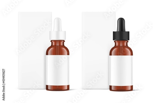 Realistic cardboard packaging box mockup with dropper bottle mockup isolated on white background.Vector illustration.  Сan be used for cosmetic, medical and other needs. EPS10.