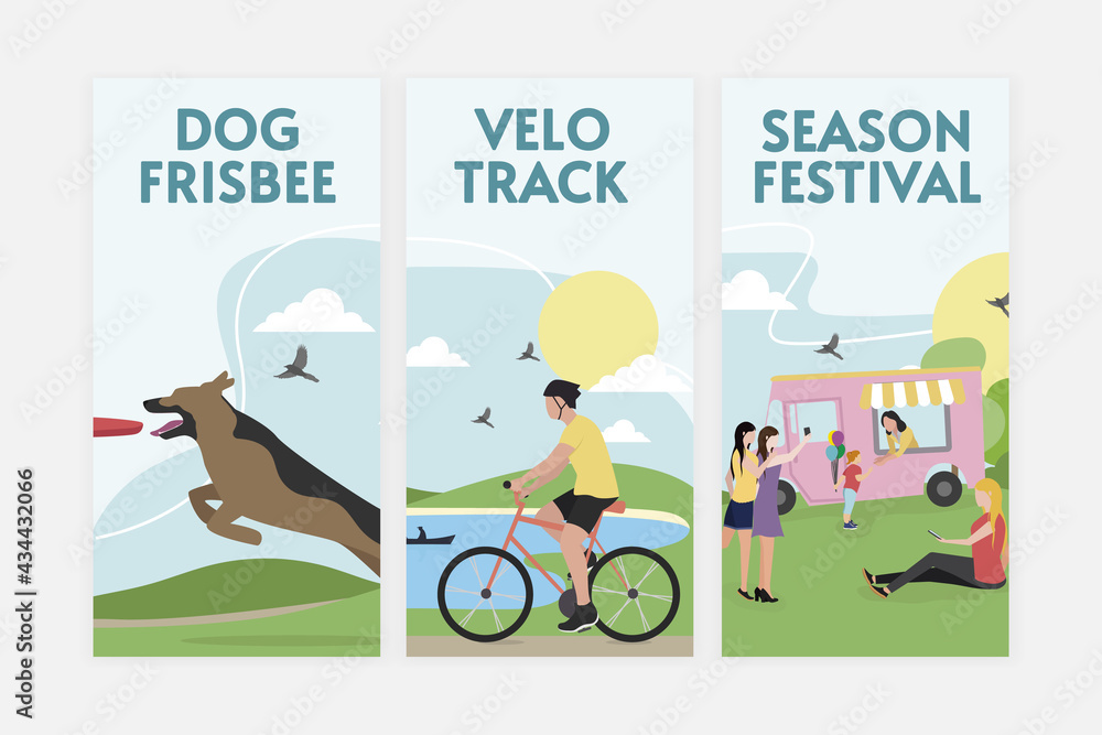 Weekend. Banners. The dog is catching the disc. The man is riding a bicycle. People are resting at the food festival. Vector