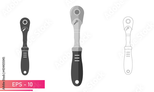 Set, Ratchet wrench with handle. Linear, solid and realistic design. On a white background. Tools for a car mechanic. Flat vector illustration.