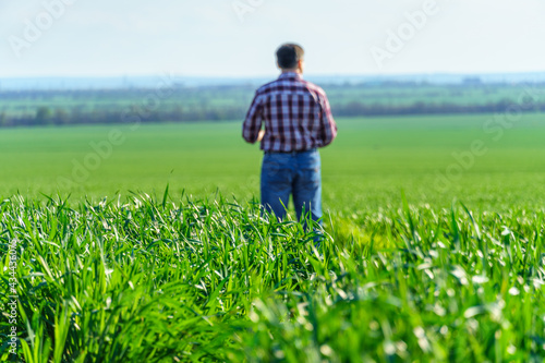 Photography a man as a farmer poses in a field, dressed in a plaid shirt and jeans, checks r
