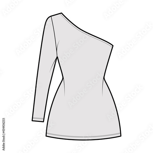 Dress one shoulder technical fashion illustration with long sleeve, fitted body, mini length pencil skirt. Flat apparel front, grey color style. Women, men unisex CAD mockup