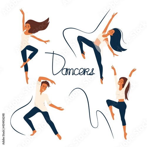 Dancers, cheerful people dancing, girls and boy engaged in modern dance, vector set of cartoon characters, flat people isolates.