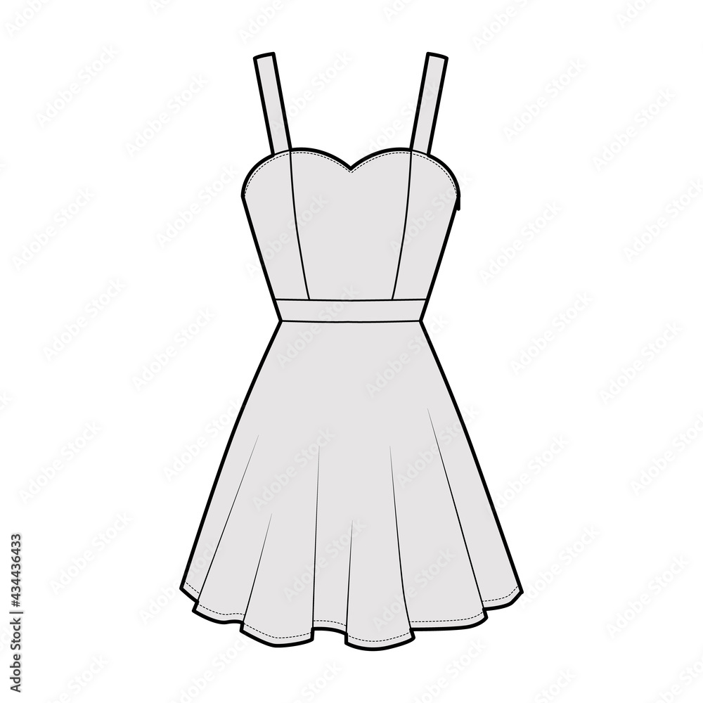Dress strap technical fashion illustration fitted body, above-the-knee mini length circular skirt, natural waistline. Flat apparel front, grey color style. Women, men unisex CAD mockup Dress strap technical fashion illustration fitted body, above-the-knee mini length circular skirt, natural waistline. Flat apparel front, grey color style. Women, men unisex CAD mockup