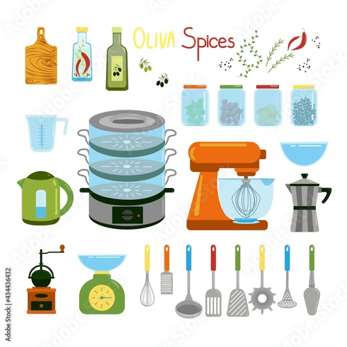 Kitchen items set, kettle, mixer, geyser coffee maker, steamer, captive and various spatulas for cooking, spices in jars and olive oil, vector clipart in flat style, isolated objects.