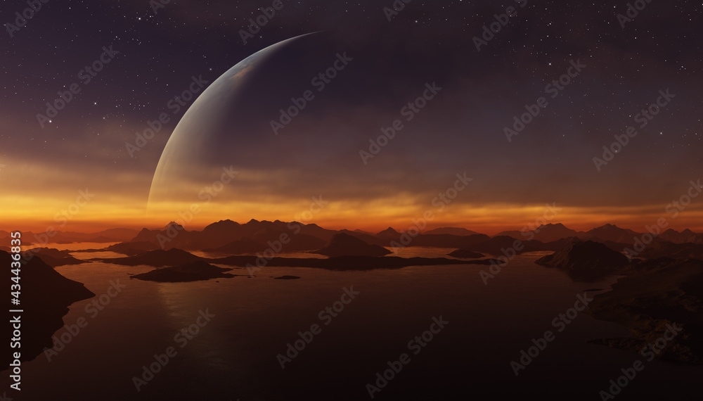3d rendered Space Art: Alien Planet - A Fantasy Landscape with planet and evening sky