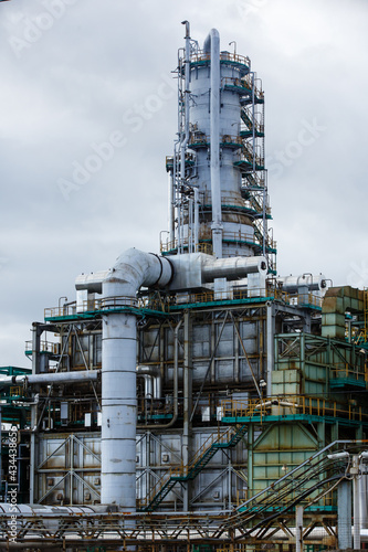 View of oil and gas refinery plant in Yaroslavl region. Petrochemical and chemical distillation process constructions and production communications. Gasoline, petroleum, petrol production