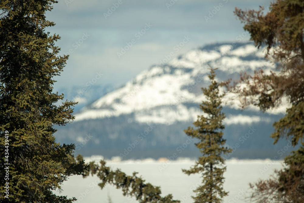 A beautiful winter view of northern Canada during March with wilderness, large snow capped mountain peaks surrounded by woods, forest and nature. A beautiful winter view of northern Canada during March with wilderness, large snow capped mountain peaks surrounded by woods, forest and nature.