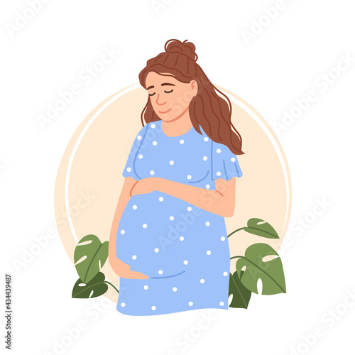Beautiful Caucasian pregnant woman isolated portrait. Flat young expectant mother waiting a baby. Cute mom hand on belly. Parenthood anticipation. Maternal design Pregnancy cartoon vector illustration